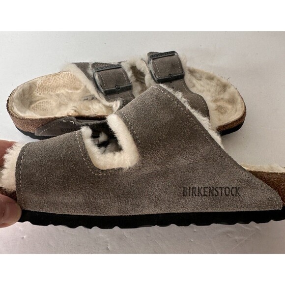 Birkenstock Shearling Sandals 39 Suede Leather Stone